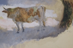 Tehen-fa-mellett-papir-gouache-festmeny-19.4x32-cm