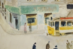 Utcasarok-sarga-villamossal-papir-gouache-festmeny-24.5x34.5-cm