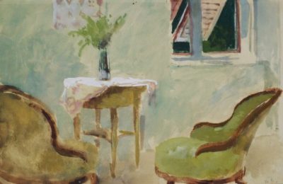 74.81.1. Interieur két fotellel, papír, gouache, festmény, 21x34 cm.